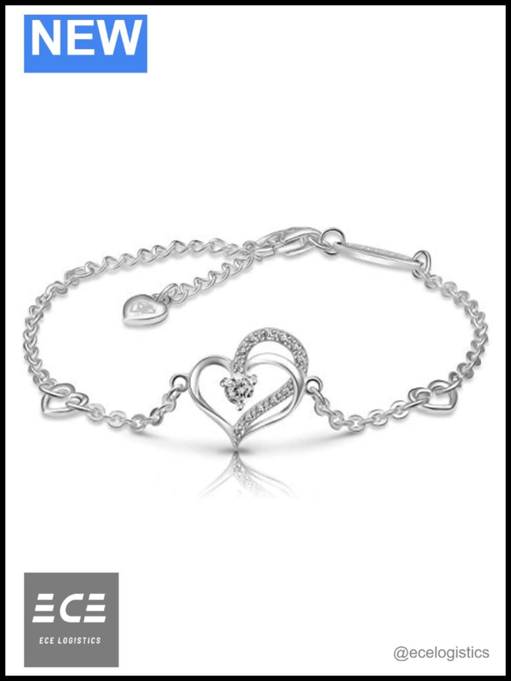 Sterling Silver Heart Charm Bracelet Cubic Zirconia Love Gift for Her